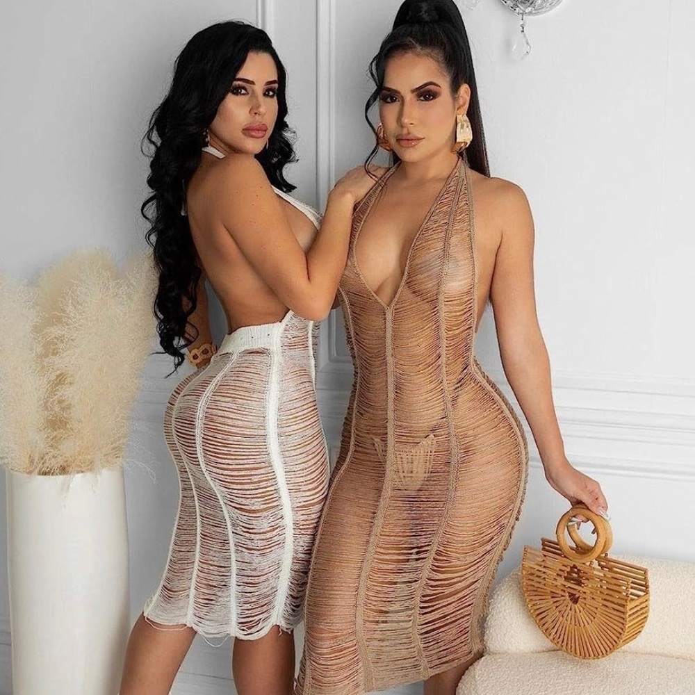 Crochet camel backless beach cover-up dress